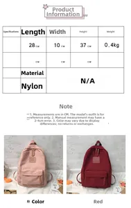 Größentabelle für den Nylonrucksack mit Maßen 28x10x37cm und Farbauswahl in Pink