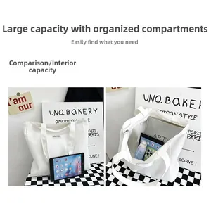 Detail view of white canvas tote bag showing large capacity for tablet and A4 books