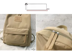 Detail eines beigen Nylon-Rucksacks mit MRMI Leisure Lederlogo und robusten Reißverschlüssen