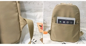 Detailansicht beige Rucksack mit großem Vorderfach für Tablet und verstärkten Nähten am Gurt