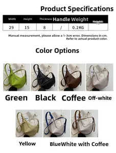 Detailed size parameters and seven color options of the PU leather crescent shoulder bag