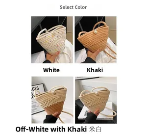 Detail view of mini straw bucket bags with pearl buckle and colorful pompom accents