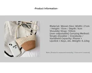 Detail of woven beach bucket bag with pearl accent and size dimensions on white background