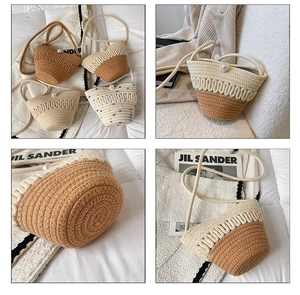 Detailed views of mini woven bucket bags with elegant pearl accents and rope straps