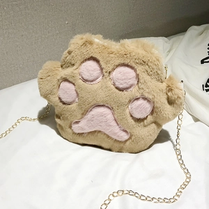 Mini plush bear paw crossbody bag in khaki and pink with gold metal chain strap