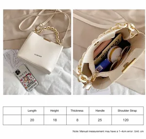Size chart and capacity detail of cream bucket bag showing dimensions and storage space