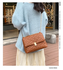 Detailed view of a brown quilted leather shoulder bag with gold chain and metal clasp