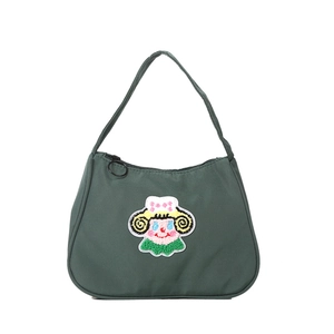 Dark green fashion baguette bag with colorful cartoon girl embroidery and black zipper