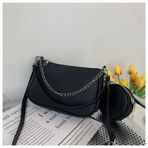 Chic black crescent shoulder bag set with silver chain and mini round coin pouch