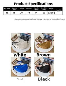 Tableau des tailles pour sac bandoulière croissant en nylon avec mesures et coloris