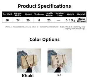 Größentabelle für Strohtaschen mit Abmessungen, Material und Gewichtsangaben