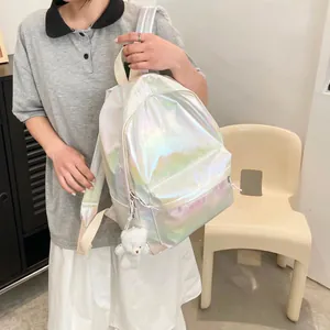 Holographic laser cartoon backpack for couples with cute plush bear keychain in white