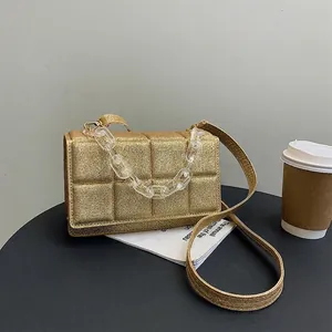 Sac Bandoulière Matelassé à Paillettes pour Femmes Sac à Épaule Carré Tendance avec Chaîne en Acrylique Transparent Fête