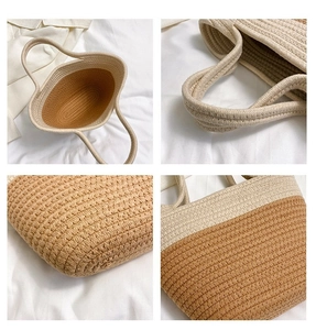 Detail shots of a two-tone straw tote showing interior space and woven handle texture