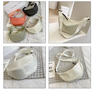 Detalle de bolsos bandolera de nailon en forma de media luna con correas ajustables