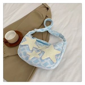 Sac Hobo en Toile pour Femme Style Coréen Décor Patch Étoile en Peluche Sac à Bandoulière Décontracté Motif Diagonal avec Fermeture Éclair