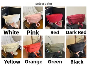Detailed grid showing 8 colors of nylon crossbody waist bags with rope zipper pullers