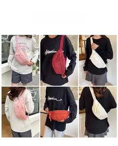 Collage of four colors of nylon waist bags with double zippers and woven pulls