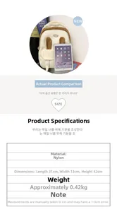 Size chart for cute rabbit ear backpack showing nylon fabric details and dimensions
