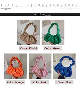 Multiple colors of ruched cloud bags including khaki, green, orange, pink, and blue