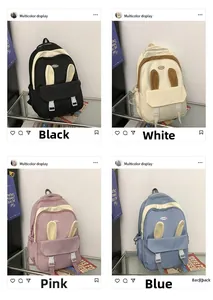 Collage of cute bunny ear backpacks in black, white, pink, and blue color variants