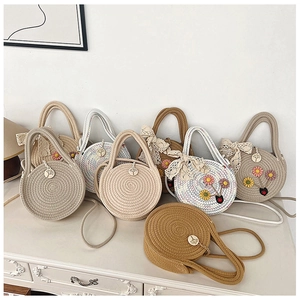 Sac Bandoulière Rond en Paille Tissée pour Femmes Broderie Florale Nœud en Dentelle Sac à Main Plage Été Vacances Style Mori