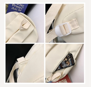 Detail view of reinforced handle, adjustable straps, and anti-theft back pocket on the backpack