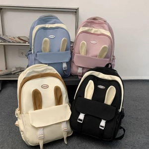Cute Rabbit Ear Nylon Backpack For Women Teen Girls School Casual Fashion Contrast Color Large Capacity Wear Resistant Daypack