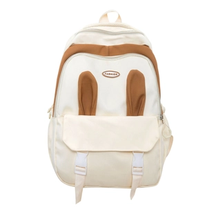 Cute beige cartoon backpack for girls with brown bunny ears and fashion buckle detail