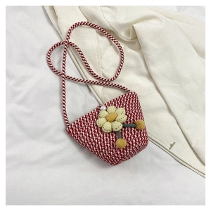 Red and white checkered mini crossbody bag with fabric flower and pearl accent