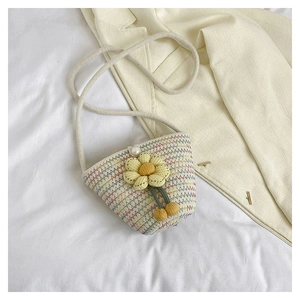 Handwoven cream floral crossbody bag for girls with colorful stitching and pearl clasp