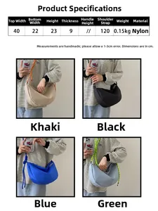 Size chart showing nylon crossbody bag dimensions and four available colors for women