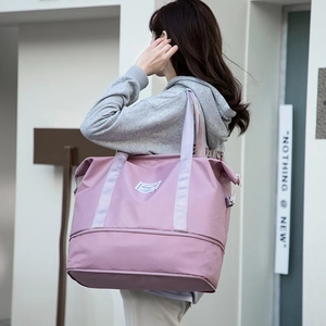 Bolso de viaje rosa de nailon de gran capacidad con compartimento para zapatos