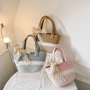 Women Woven Tote Bag Large Capacity Straw Handbag Colorblock Casual Commuter Shoulder Bag With Lace Bow
