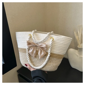 Straw tote bag in beige and khaki with champagne satin bow and cotton rope handle