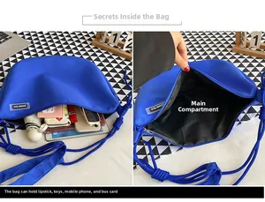 Detail of blue nylon crossbody bag main pocket showing spacious storage for daily essentials