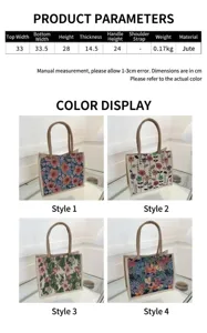 Tabla de tallas detallada y cuatro bolsos tote de lona floral con medidas y peso