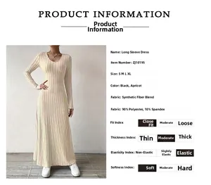 Detail view of the V-neck long sleeve slim fit dress in beige polyester spandex fabric