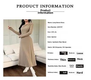 Detailed size chart and material specs for apricot cowl neck slim fit long sleeve dress