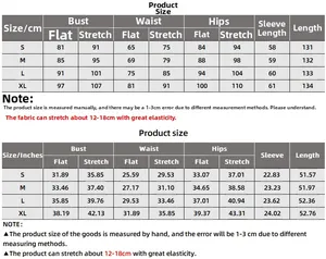 Size guide with CM and Inches for this slim fit V-neck solid color long sleeve dress