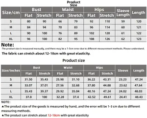 Detailed size chart for the slim long sleeve dress featuring S to XL measurements in CM and IN