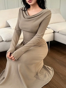 Women Sexy Cowl Neck Long Sleeve Maxi Dress Slim Fit Solid Color Polyester Spandex Elegant Party Evening Bodycon Long Dress