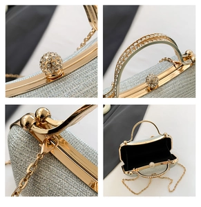 Macro view of crystal buckle and diamond-encrusted handle on silver evening clutch bag