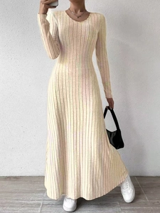 Women Casual V Neck Ribbed Knit Maxi Dress Solid Color Long Sleeve Slim Fit Autumn Winter Elegant Long Sweater Dress