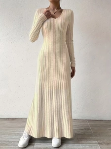 Slim fit V-neck long sleeve knitted dress in beige with fine vertical ribbed texture