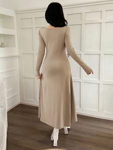 Slim fit khaki long sleeve maxi dress with cowl neck shown from the back view