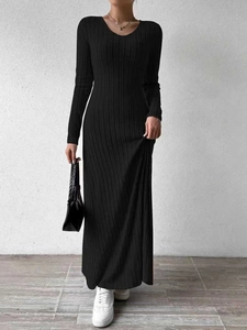 Slim fit black ribbed knit long sleeve maxi dress for women with casual elegant style