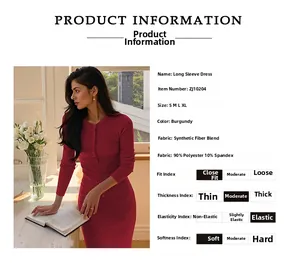 Size chart for slim fit wine red knitted dress showing 90% polyester fabric details