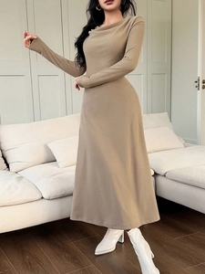 Slim fit cowl neck long sleeve dress in earth tone knit fabric with A-line skirt