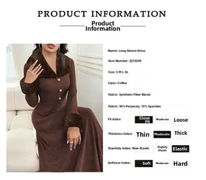 Detailansicht des kaffeebraunen Kleides mit Pelzkragen und Textur des Stoffes aus Polyester
